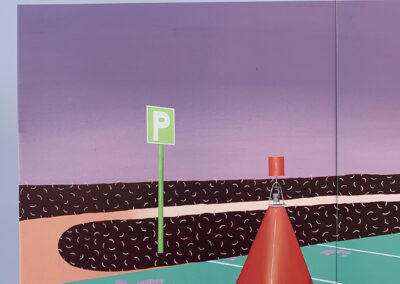 Œuvre, Réservé à notre clientèle, de l'artiste Amélie Jodoin; Illustration d'un parking avec un cône orange