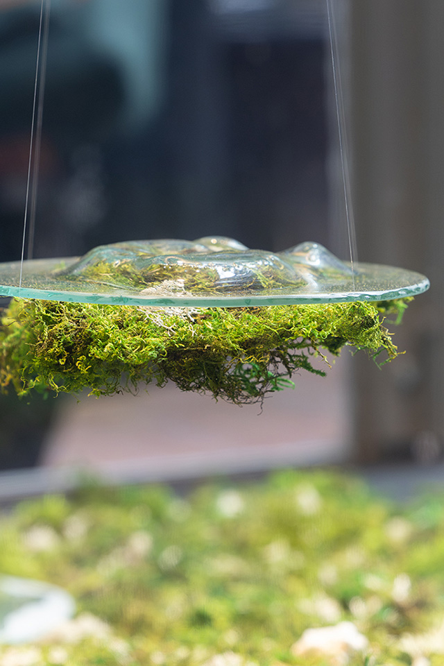 Œuvre de l'artiste Patricia Langevin. Un cercle de mousse verte suspendu à des fils.