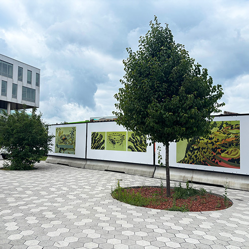Œuvres de l'artiste Judith Berry exposées aur les palissades du Technopôle Angus